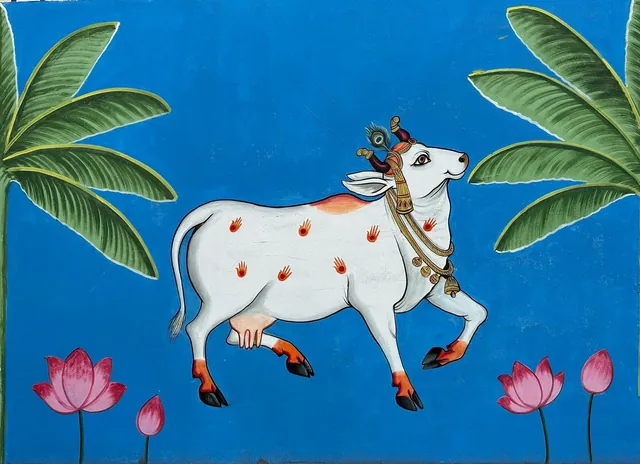 Illustration of a sacred cow among lotuses