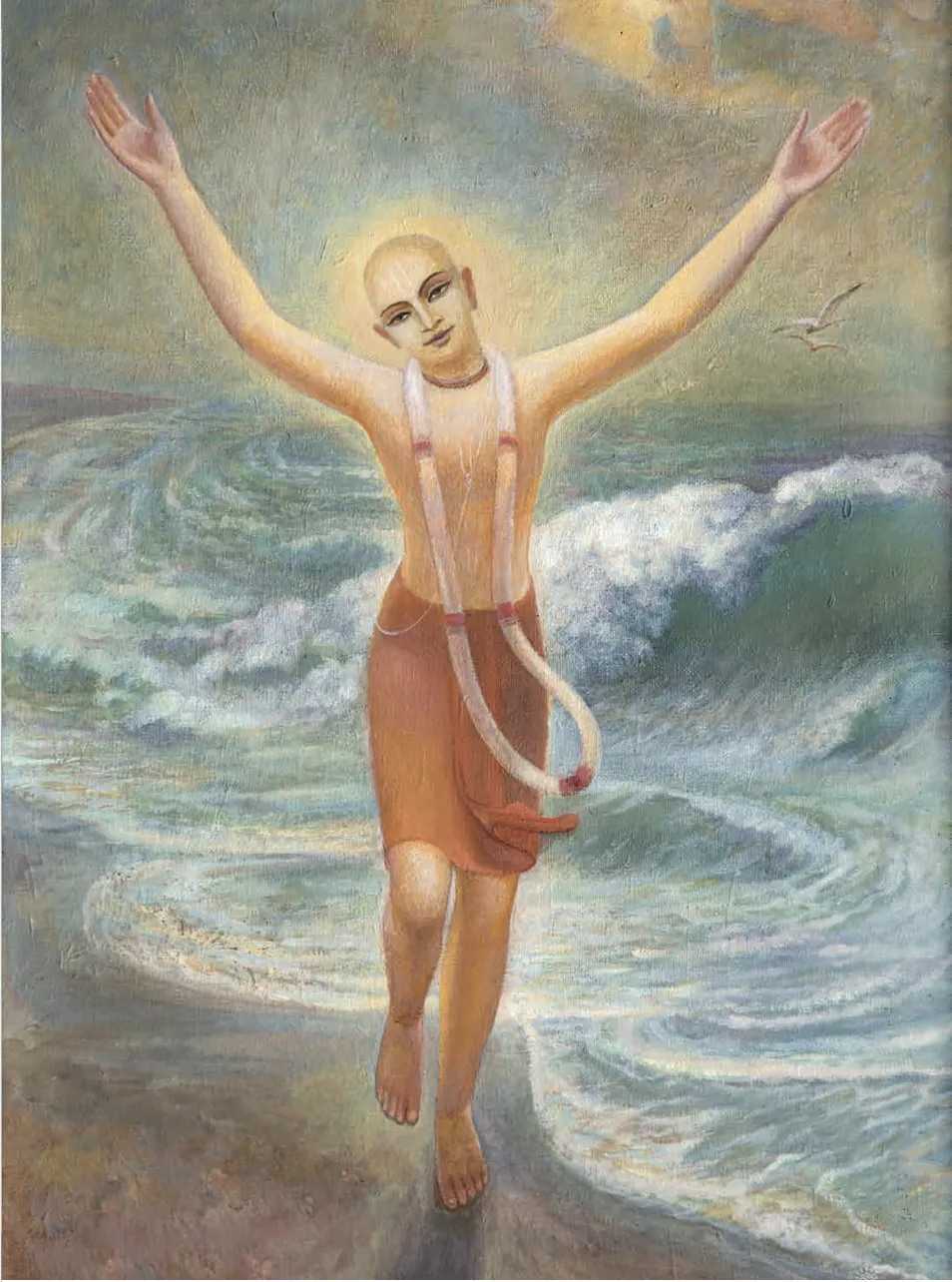 Painting of Lord Chaitanya dancing by the ocean
