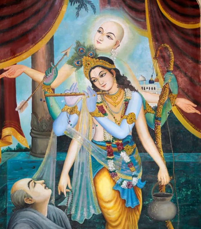 Painting of Radha and Krishna with a devotee