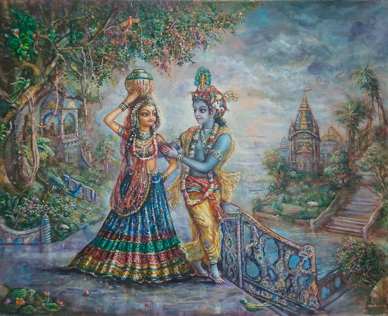 Painting of Radha and Krishna by the river